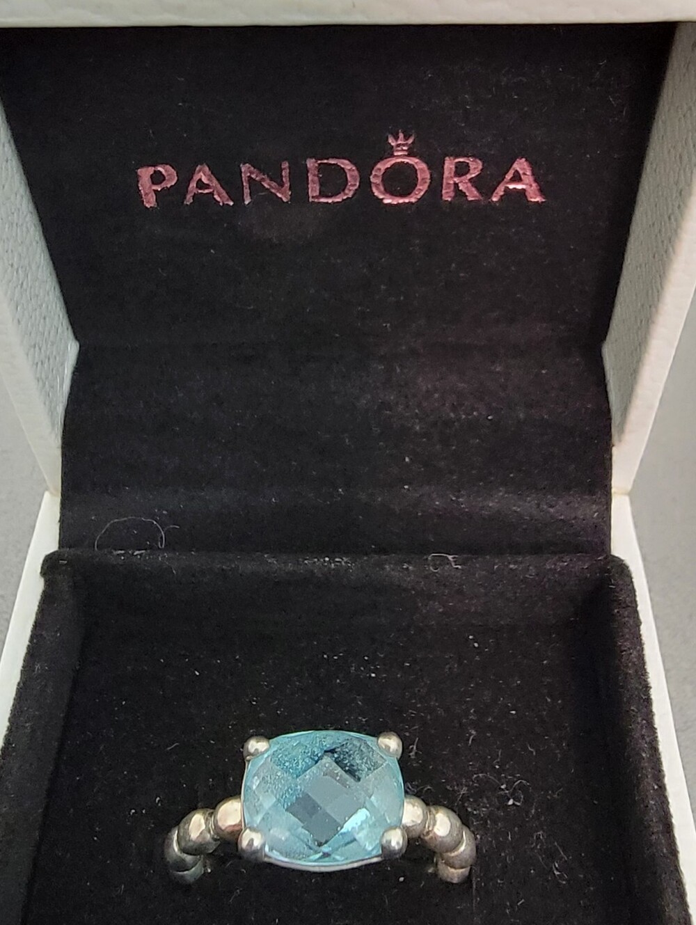 Pandora Silver Ring with Blue Topaz Cushion-Cut Stone Size 6